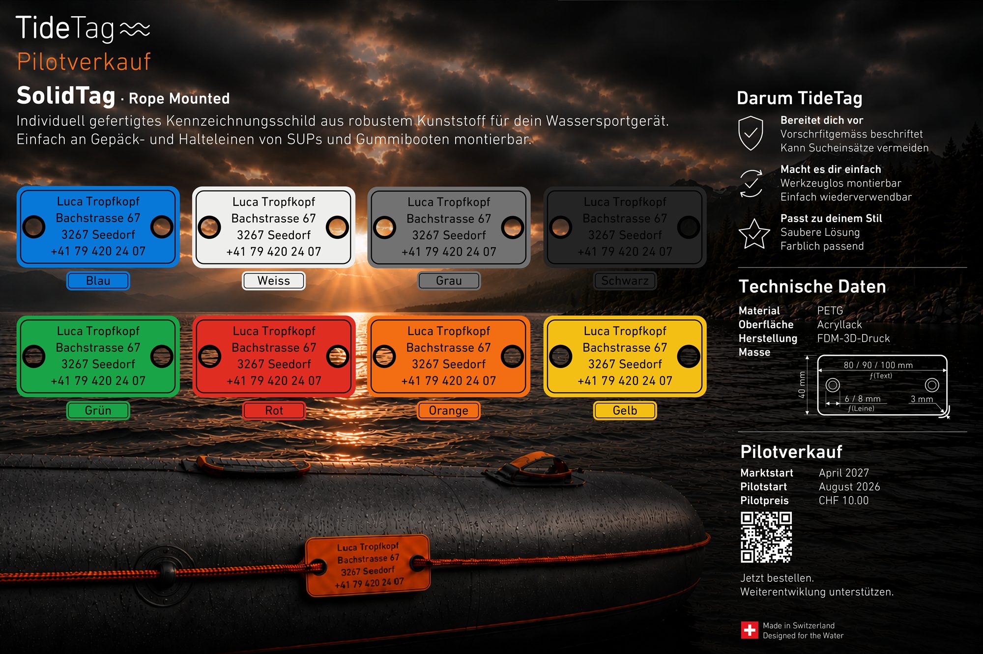 SolidTag in acht Farben: Weiss, Grau, Schwarz, Blau, Grün, Rot, Orange, Gelb – und montiert am Schlauchboot